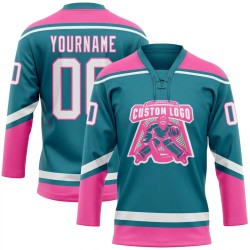 Custom Teal White-Pink Hockey Lace Neck Jersey Custom Teal White-Pink Hockey Lace Neck Jersey