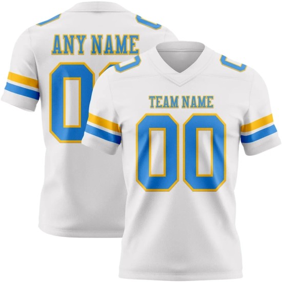 Custom White Powder Blue-Gold Mesh Authentic Football Jersey