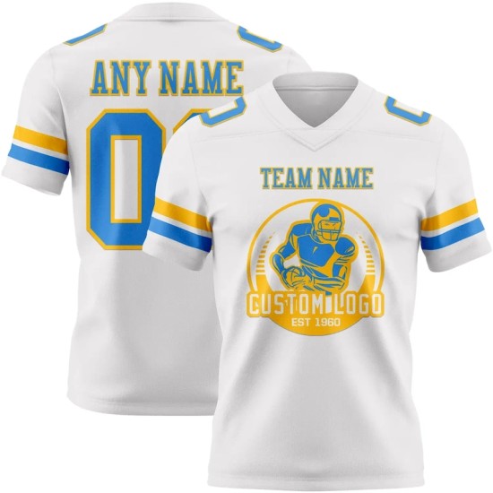 Custom White Powder Blue-Gold Mesh Authentic Football Jersey