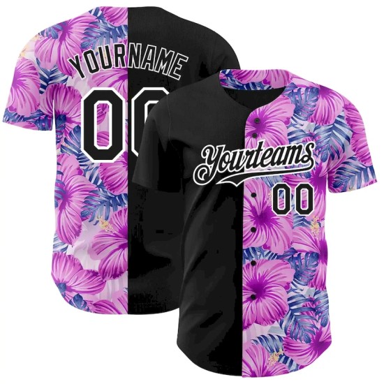 Custom Pink Black-White 3D Pattern Design Tropical Flower And Hawaii Palm Leaves Authentic Baseball Jersey Custom Pink Black-White 3D Pattern Design Tropical Flower And Hawaii Palm Leaves Authentic Baseball Jersey