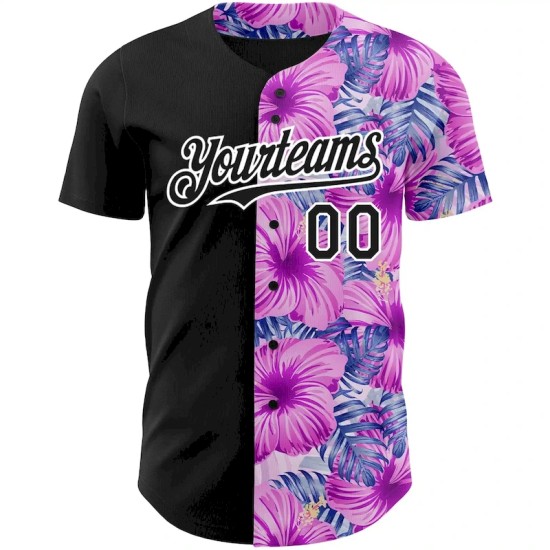 Custom Pink Black-White 3D Pattern Design Tropical Flower And Hawaii Palm Leaves Authentic Baseball Jersey Custom Pink Black-White 3D Pattern Design Tropical Flower And Hawaii Palm Leaves Authentic Baseball Jersey
