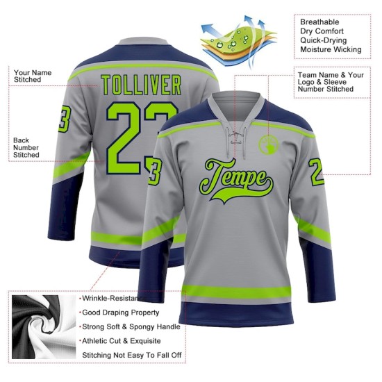 Custom Gray Neon Green-Navy Hockey Lace Neck Jersey
