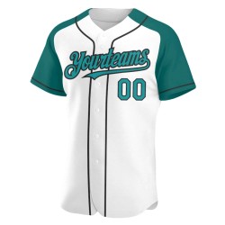 Custom White Teal-Black Authentic Raglan Sleeves Baseball Jersey