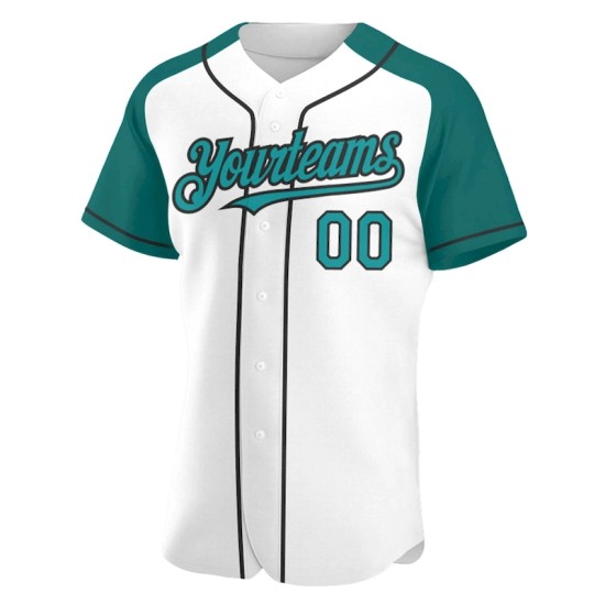 Custom White Teal-Black Authentic Raglan Sleeves Baseball Jersey