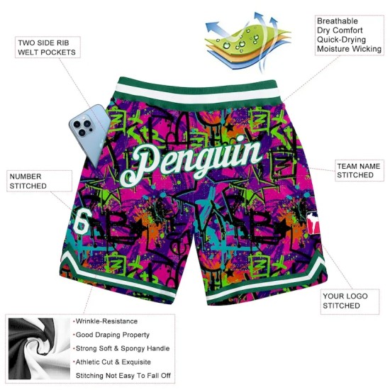 Custom Graffiti Pattern White-Kelly Green 3D Authentic Basketball Shorts