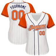 Custom White Orange Pinstripe Orange-Navy Authentic Raglan Sleeves Baseball Jersey Custom White Orange Pinstripe Orange-Navy Authentic Raglan Sleeves Baseball Jersey