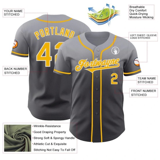 Custom Gray Gold Steel Gray-White Authentic Fade Fashion Baseball Jersey