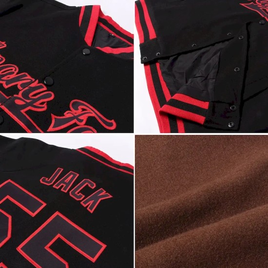 Custom Brown Red-Cream Bomber Full-Snap Varsity Letterman Jacket