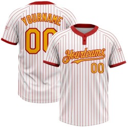 Custom White Red Pinstripe Gold Two-Button Unisex Softball Jersey