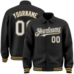 Custom Black White-Old Gold Bomber Full-Snap Varsity Letterman Lapel Collar Byron Jacket