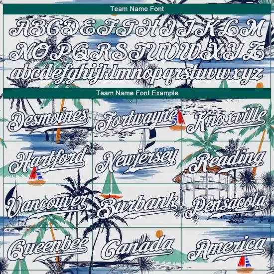 Custom White Navy 3D Pattern Design Hawaii Palm Trees Island And Sailboat Authentic Baseball Jersey
