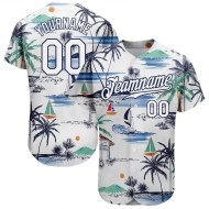 Custom White Navy 3D Pattern Design Hawaii Palm Trees Island And Sailboat Authentic Baseball Jersey