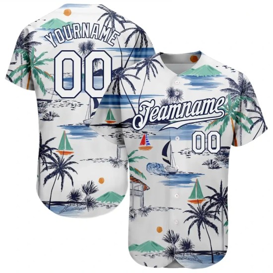Custom White Navy 3D Pattern Design Hawaii Palm Trees Island And Sailboat Authentic Baseball Jersey
