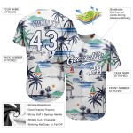 Custom White Navy 3D Pattern Design Hawaii Palm Trees Island And Sailboat Authentic Baseball Jersey