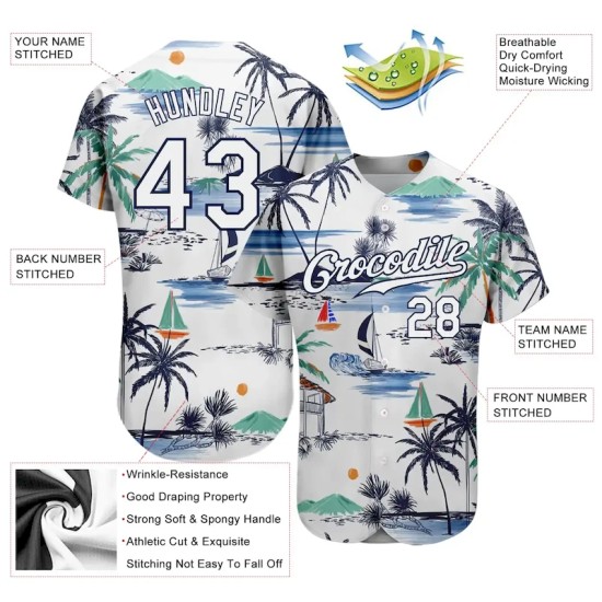 Custom White Navy 3D Pattern Design Hawaii Palm Trees Island And Sailboat Authentic Baseball Jersey