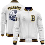 Custom White Navy-Gold Bomber Varsity Letterman Zipper Jacket